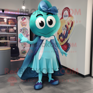 Teal Cherry mascot costume character dressed with a Midi Dress and Scarf clips