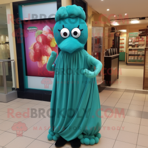 Teal Cherry mascot costume character dressed with a Midi Dress and Scarf clips
