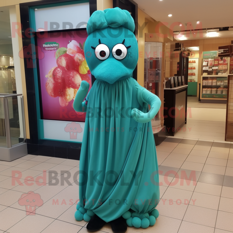 Teal Cherry mascot costume character dressed with a Midi Dress and Scarf clips Teal Cherry mascot costume character dressed with a Midi Dress and Scarf clips