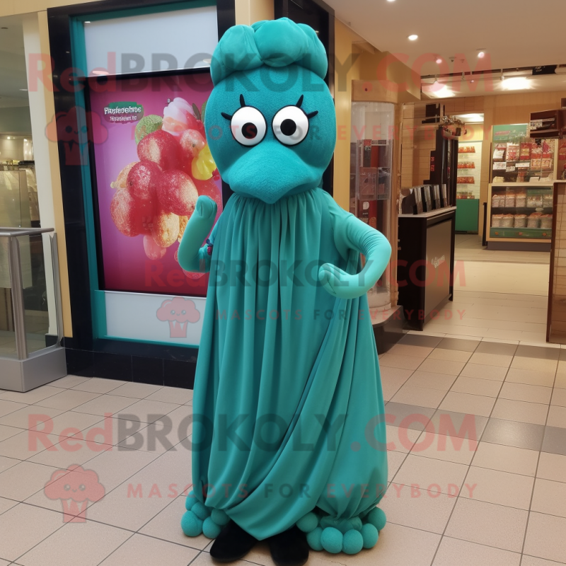 Teal Cherry mascot costume character dressed with a Midi Dress and Scarf clips