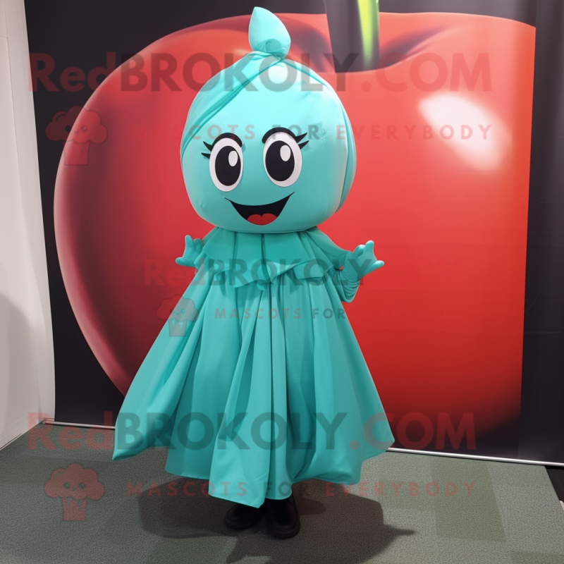 Teal Cherry mascot costume character dressed with a Midi Dress and Scarf clips