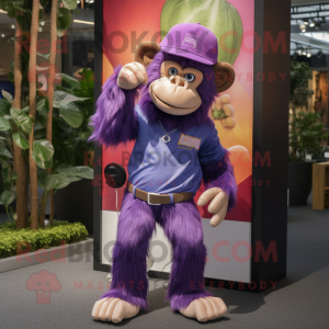 Purple Monkey mascot costume character dressed with a Bootcut Jeans and Brooches