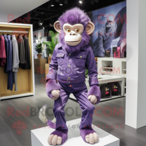 Purple Monkey mascot costume character dressed with a Bootcut Jeans and Brooches