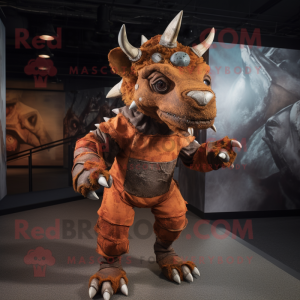 Rust Triceratops mascot costume character dressed with a Jeggings and Gloves