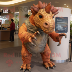 Rust Triceratops mascot costume character dressed with a Jeggings and Gloves