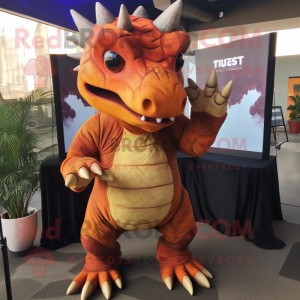 Rust Triceratops mascot costume character dressed with a Jeggings and Gloves