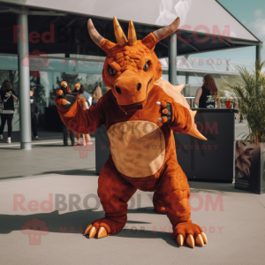 Rust Triceratops mascot costume character dressed with a Jeggings and Gloves
