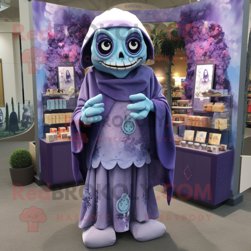 Lavender Undead mascot costume character dressed with a Cover-up and Coin purses