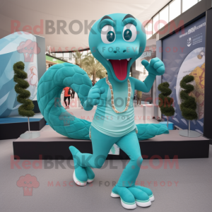 Teal Hydra mascot costume character dressed with a Running Shorts and Necklaces
