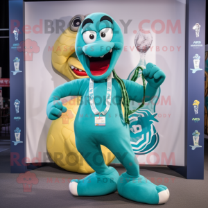 Teal Hydra mascot costume character dressed with a Running Shorts and Necklaces