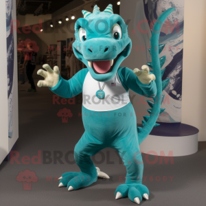 Teal Hydra mascot costume character dressed with a Running Shorts and Necklaces
