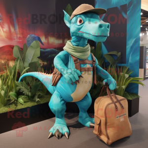 Turquoise Parasaurolophus mascot costume character dressed with a Cargo Pants and Clutch bags