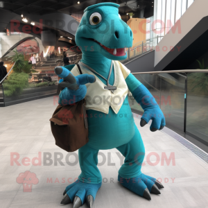 Turquoise Parasaurolophus mascot costume character dressed with a Cargo Pants and Clutch bags