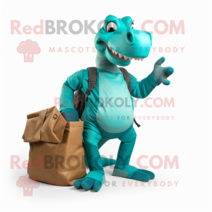 Turquoise Parasaurolophus mascot costume character dressed with a Cargo Pants and Clutch bags