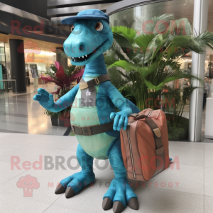 Turquoise Parasaurolophus mascot costume character dressed with a Cargo Pants and Clutch bags