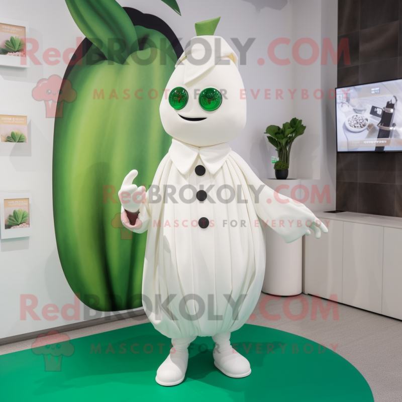 White Zucchini mascot costume character dressed with a Culottes and Brooches