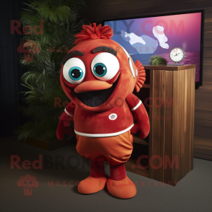 Maroon Clown Fish mascot costume character dressed with a Polo Shirt and Tie pins