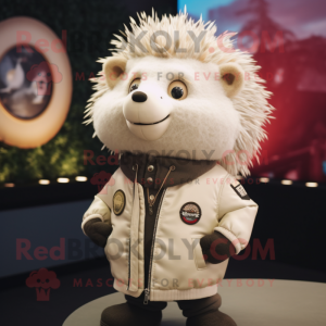 Cream Hedgehog mascot costume character dressed with a Bomber Jacket and Lapel pins