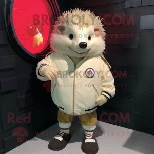 Cream Hedgehog mascot costume character dressed with a Bomber Jacket and Lapel pins