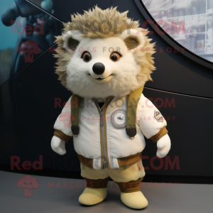 Cream Hedgehog mascot costume character dressed with a Bomber Jacket and Lapel pins