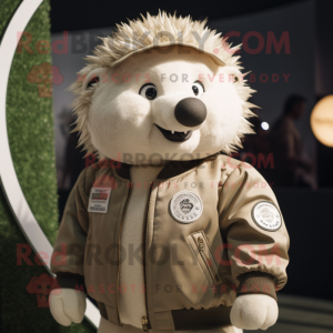 Cream Hedgehog mascot costume character dressed with a Bomber Jacket and Lapel pins