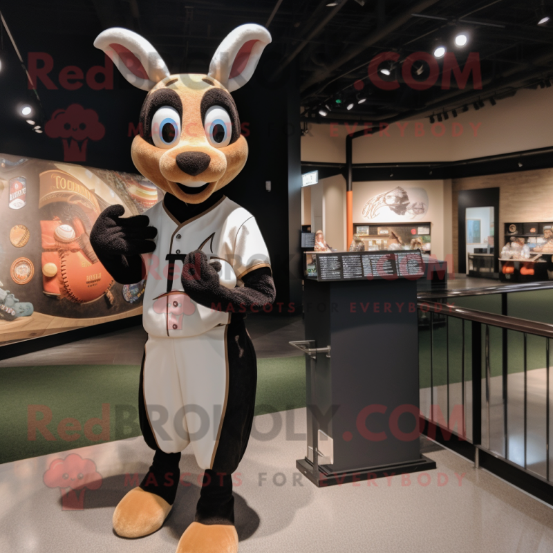 Black Gazelle mascot costume character dressed with a Baseball Tee and Coin purses Black Gazelle mascot costume character dressed with a Baseball Tee and Coin purses