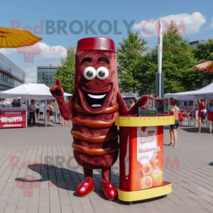 Maroon Currywurst mascot costume character dressed with a Playsuit and Rings