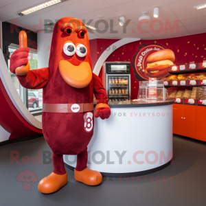 Maroon Currywurst mascot costume character dressed with a Playsuit and Rings