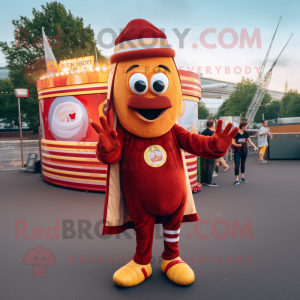 Maroon Currywurst mascot costume character dressed with a Playsuit and Rings