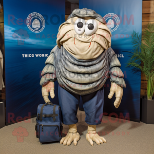 Navy Trilobite mascot costume character dressed with a Cargo Shorts and Tote bags