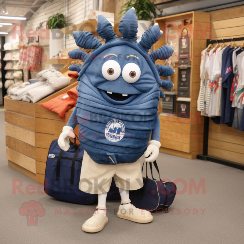 Navy Trilobite mascot costume character dressed with a Cargo Shorts and Tote bags