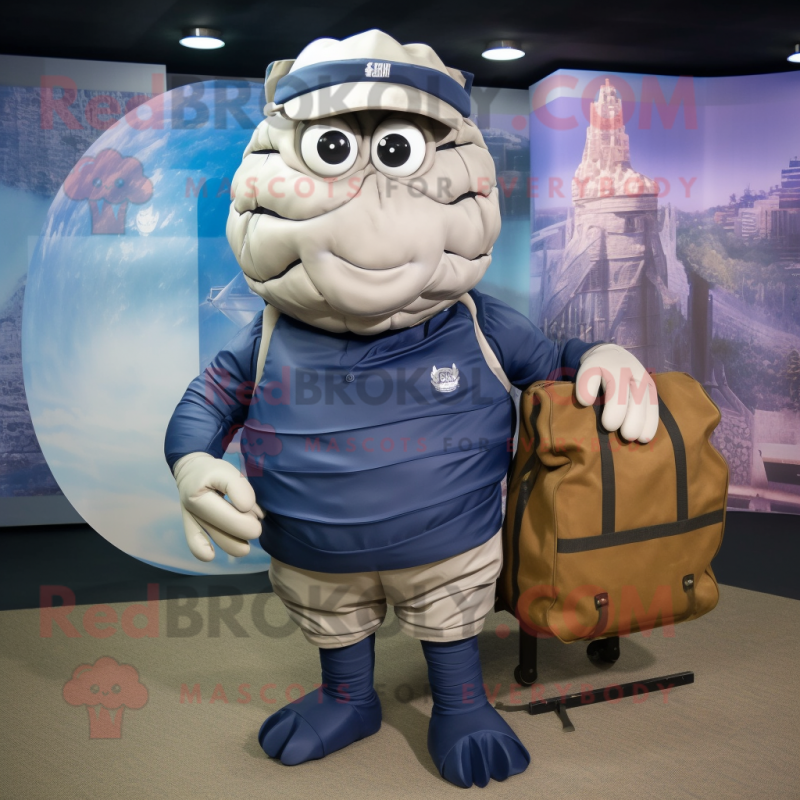 Navy Trilobite mascot costume character dressed with a Cargo Shorts and Tote bags Navy Trilobite mascot costume character dressed with a Cargo Shorts and Tote bags