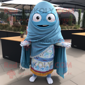 Sky Blue Fajitas mascot costume character dressed with a Cardigan and Shawls