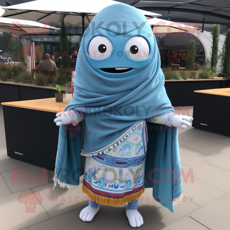 Sky Blue Fajitas mascot costume character dressed with a Cardigan and Shawls Sky Blue Fajitas mascot costume character dressed with a Cardigan and Shawls