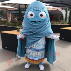 Sky Blue Fajitas mascot costume character dressed with a Cardigan and Shawls