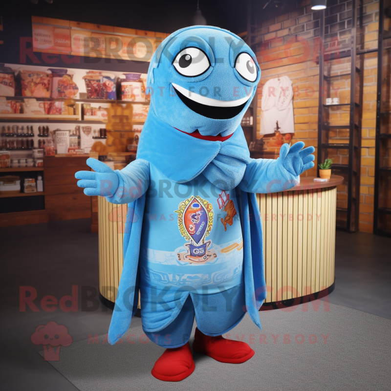 Sky Blue Fajitas mascot costume character dressed with a Cardigan and Shawls Sky Blue Fajitas mascot costume character dressed with a Cardigan and Shawls