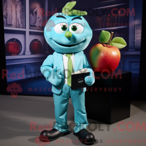 Cyan eple-maskotdraktfigur...