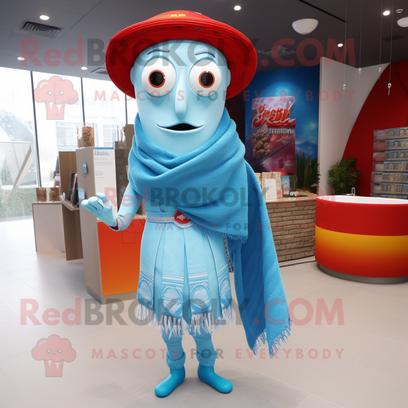 Sky Blue Fajitas mascot costume character dressed with a Cardigan and Shawls Sky Blue Fajitas mascot costume character dressed with a Cardigan and Shawls