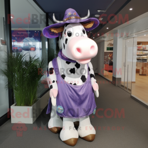 Lavender Holstein Cow mascot costume character dressed with a Flare Jeans and Hats