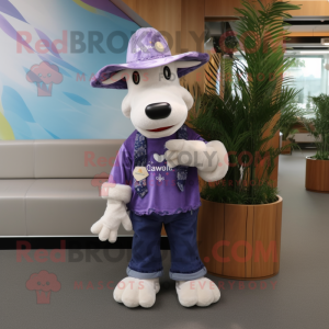Lavender Holstein Cow mascot costume character dressed with a Flare Jeans and Hats