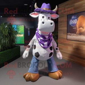 Lavender Holstein Cow mascot costume character dressed with a Flare Jeans and Hats