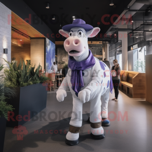 Lavender Holstein Cow mascot costume character dressed with a Flare Jeans and Hats