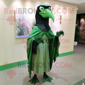 Green Crow mascot costume character dressed with a Blouse and Scarves