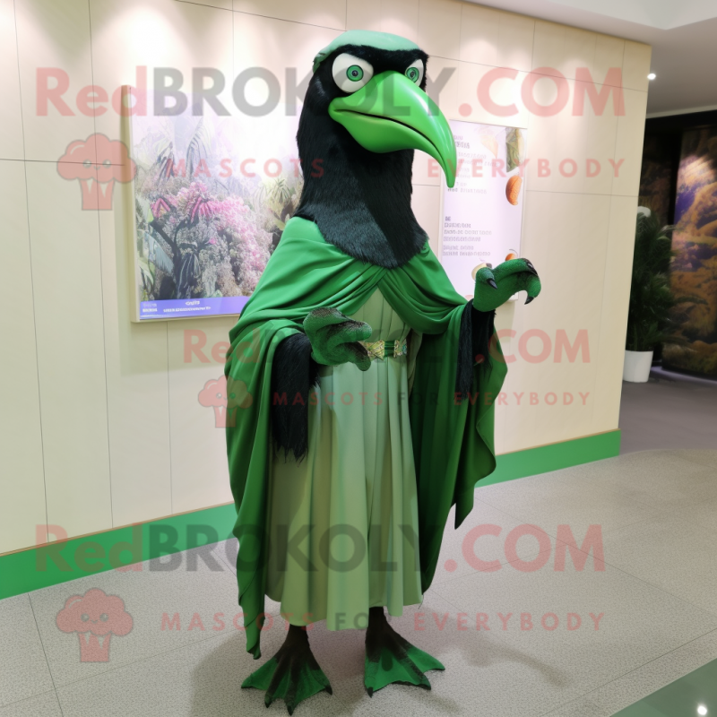 Green Crow mascot costume character dressed with a Blouse and Scarves Green Crow mascot costume character dressed with a Blouse and Scarves