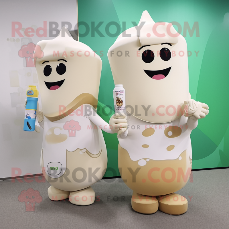 Tan Bottle Of Milk mascot costume character dressed with a Wrap Skirt and Digital watches