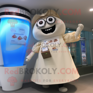 Tan Bottle Of Milk mascot costume character dressed with a Wrap Skirt and Digital watches