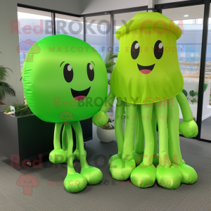 Lime Green Jellyfish mascot costume character dressed with a Midi Dress and Messenger bags