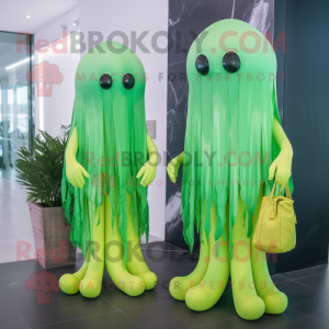 Lime Green Jellyfish mascot costume character dressed with a Midi Dress and Messenger bags
