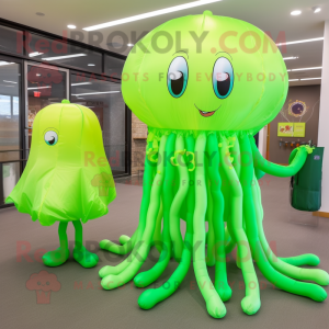 Lime Green Jellyfish mascot costume character dressed with a Midi Dress and Messenger bags