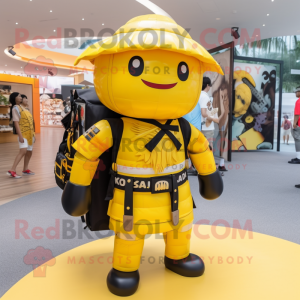 Yellow Samurai mascot costume character dressed with a One-Piece Swimsuit and Backpacks